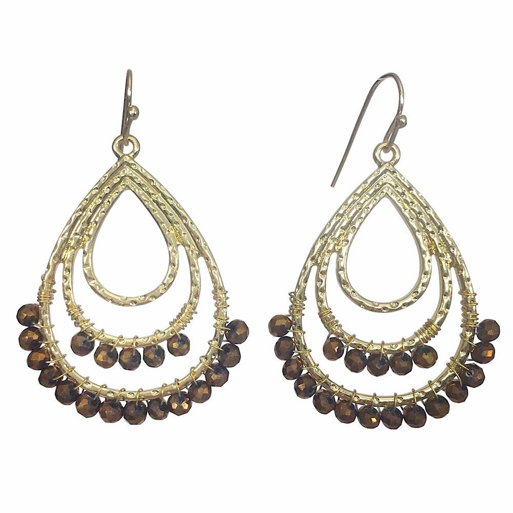 Brown Glass Bead Wrapped Triple Teardrop Gold Tone Dangle Earrings